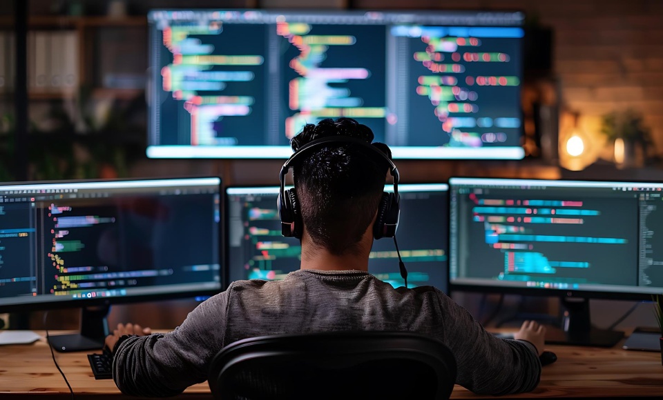 man sits front computer with words screen to show is coding creative